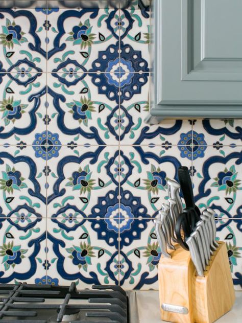 Blue And White Tile, Floor To Ceiling Cabinets, Art Showcase, Herringbone Backsplash, House Of Turquoise, Spanish Tile, Backsplash Ideas, Gorgeous Kitchens, Kitchen Pictures