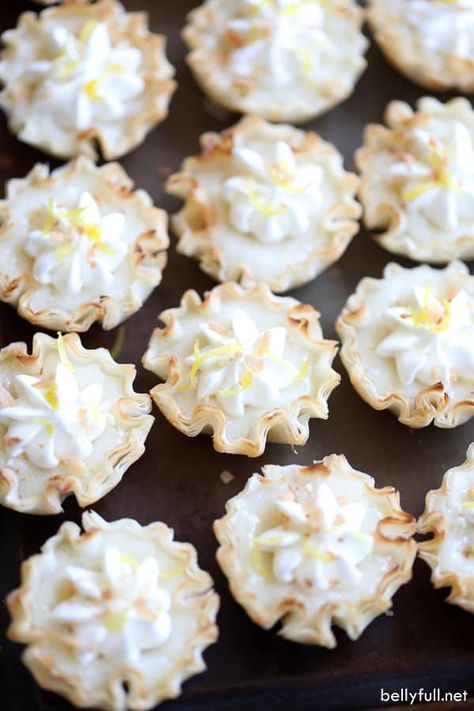 These Easy Mini Lemon Tarts are small fillo shells filled with a lemon custard and topped with whipped cream and toasted coconut! #fillo #phyllo #fillotarts #lemontarts Orange Glazed Ham, Mini Peach Pies, Phyllo Shells, Mini Lemon Tarts, Chocolate And Raspberry Tart, Mini Fruit Tarts, Lemon Cream Pies, Carrot Cake Oatmeal, Oatmeal Cake