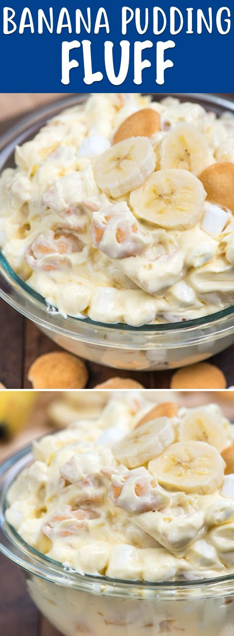 Banana Pudding Fluff is your favorite banana pudding recipe made into a dessert salad! Bananas, pudding, marshmallows, and vanilla wafers all mix in one big bowl of delicious dessert! via @easygoodideas Banana Pudding Fluff, Banana Fluff, Bananas Pudding, Pudding Fluff, Banana Pudding Recipe, Coconut Dessert, Fluff Recipe, Fluff Desserts, Brownie Desserts