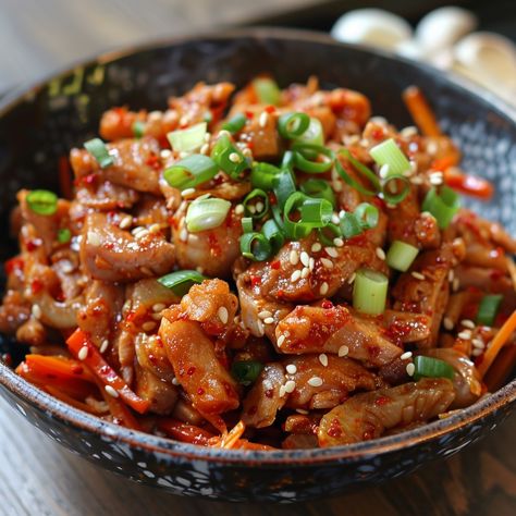 🔥 Spice up your meal with Jeyuk Bokkeum! #KoreanFood #SpicyDelight Jeyuk Bokkeum (Spicy Stir-Fried Pork) Ingredients: Pork belly, sliced (1 lb) Onion, sliced (1) Carrot, julienned (1) Green onions, chopped (2) Gochujang (Korean red pepper paste) (3 tbsp) Soy sauce (2 tbsp) Sugar (1 tbsp) Garlic, minced (4 cloves) Ginger, minced (1 tsp) Sesame oil (1 tbsp) Sesame seeds (1 tbsp) Instructions: In a bowl, mix gochujang, soy sauce, sugar, garlic, ginger, and sesame oil. Add pork slices and mar... Jeyuk Bokkeum, Red Pepper Paste, Instagram Recipes, Pepper Paste, Twisted Recipes, Marinated Pork, Spicy Pork, Trending Recipes, Fried Pork