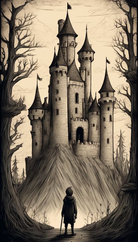 Sketches Of Castles, Dragon Castle Drawing, Castle On A Hill Drawing, Fairytale Castle Drawing, Fairytale Castle Illustration, Fantasy Castle Sketch, Gothic Castle Drawing, Fantasy Castle Drawing, Palace Sketch