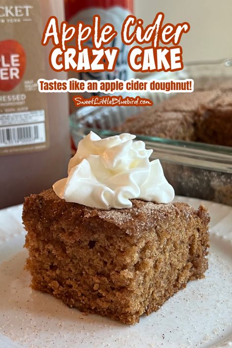 This photo shows Apple Cider Crazy Cake server on a plate with a dollop of whipped cream. Pumpkin Wacky Cake, Apple Cider Crazy Cake, Wacky Cakes, Apple Cider Doughnut, Crazy Cake Recipes, Medieval Feast, Wacky Cake, Crazy Cake, Pumpkin Sugar Cookies