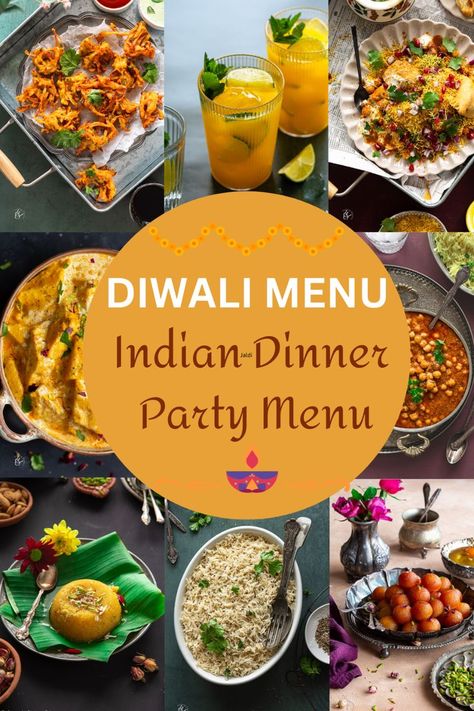 A collage Diwali Menu of 9 vegetarian and vegan indian dinner party recipes Indian Dinner Party, Diwali Dishes, Indian Dinner Menu, Diwali Dinner, Vegetarian Party, Vegetarian Party Food, Tandoori Paneer, Dinner Menu Ideas, Diwali Recipes