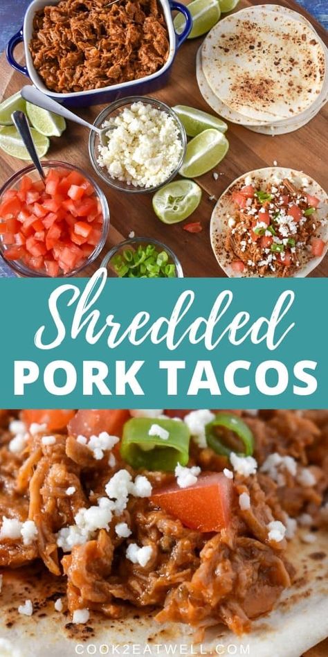 Tacos Pork, Pork Tacos Crockpot, Shredded Pork Tacos, Shredded Pork Recipes, Nachos Recipe Beef, Pork Nachos, Pulled Pork Tacos, Crock Pot Tacos, Recipe Beef