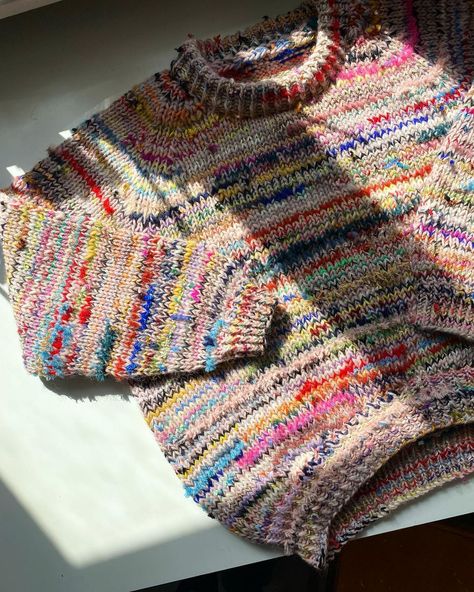 Lærke Bagger on Instagram: “Whenever I knit these #alloverscrap sweaters every row is like turning a corner - you never know what colours will get you exited or…” Multicolor Knit Sweater, Scrap Yarn Sweater, Knitted Sweater Patterns, Chunky Crochet Sweater, Fun Sweaters, Colorful Knit Sweater, Multi Color Sweater, Hygge Style, Alt Clothes