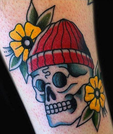 Skull with Beanie Tattoo Beanie Tattoo, Team Zissou, Satanic Tattoos, Tatuaje A Color, Red Beanie, R Tattoo, Traditional Tattoo Art, Skull Artwork, Skull Tattoos