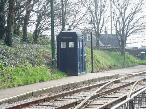 Police box at Crich Tardis Exterior, Doctor Who Tardis, Police Box, Miscellaneous Items, Timey Wimey Stuff, Cinematic Photography, Dr Who, Railroad Tracks, Doctor Who