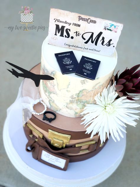 Travel Themed Bridal Shower Cake, Travel Bridal Shower Cake, Travel Themed Wedding Cake, Traveling From Ms To Mrs, Traveling From Miss To Mrs Shower Ideas, Travel Themed Bridal Shower Ideas, Travel Bridal Shower Theme, Travel Theme Cake, Ms To Mrs