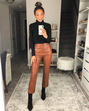 Check out this look I found on LIKEtoKNOW.it http://liketk.it/2XoCX Download the LIKEtoKNOW.it app to see! Tan Leather Pants Outfit, Camel Color Outfits, Tan Leather Pants, Leather Pants Outfit Winter, Brown Leather Pants Outfit, Leather Trousers Outfit, Faux Leather Leggings Outfit, Faux Leather Outfits, November Fashion