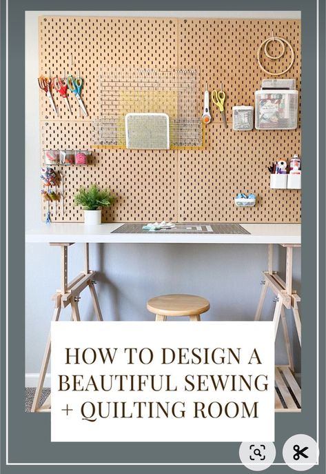 Sewing Room Furniture Layout, Sewing Room Elfa, Sewing Table Organization, Sewing Room Table Work Stations, Trofast Sewing Room, Quilt Room Layout Design, Fabric Storage Sewing Room, Quilting Storage Ideas, Quilting Room Pegboard Ideas