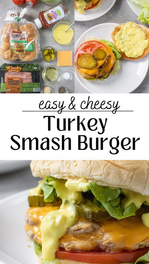 This is the best way to make ground turkey burgers. These Turkey Smashburgers are easy to make, come out juicy, and feature Smash Burger’s beloved Smash Sauce. This si a great quick dinner idea. Turkey Burgers On The Stove, Turkey Smash Burgers, Turkey Burger Recipes Healthy, Burgers On The Stove, Ground Turkey Burgers, Smash Burger Recipe, Juicy Turkey, Smash Burgers, Turkey Burger Recipes