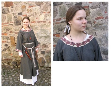 Anglo-Saxon embroidery article. The gown in this picture is too short for AS, and the belt wrapping is also later. Anglo Saxon Tattoo, Norse Dress, Saxon Clothing, Anglo Saxon Clothing, Anglo Saxon Runes, Anglo Saxon History, Society For Creative Anachronism, Medieval Embroidery, Alfred The Great