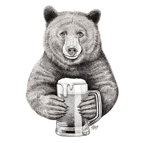 Bear Drinking Beer, Beer Drawing, Beer Tattoos, Puzzle Tattoos, Beer Bear, Beer Illustration, Wood Burning Stencils, Animal Illustration Art, Bear Drawing