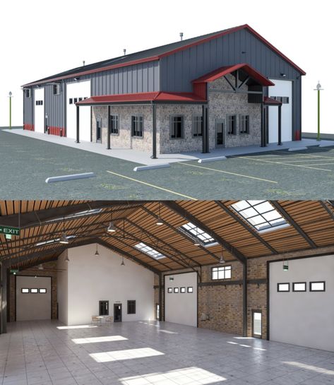 Warehouse Office Design, Warehouse Exterior Design, Warehouse Exterior, Church Building Design, Metal Building Designs, Commercial Design Exterior, Factory Architecture, Warehouse Design, Pole Barn House Plans