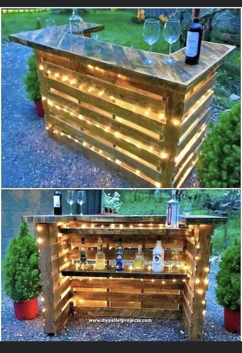 Bar Made From Pallets, Tropisk Fest, Garden Bar Ideas, Brick Patterns Patio, Pallet Bar Diy, Diy Outdoor Bar, Eco Friendly Diy, Outside Bars, Bar Exterior