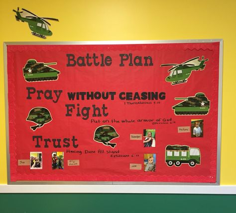 Gods Army Sunday School Decor, Army Classroom Theme, Armor Of God Bulletin Board, Army Decorations, Sunday School Themes, Religious Bulletin Boards, Church Table, Sunday School Classroom Decor, Pirate Theme Classroom