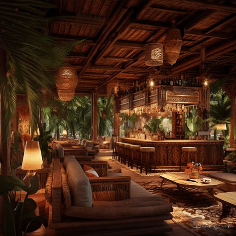 Hawaiian Restaurant Interior, Balinese Restaurant Design, Forest Restaurant Design, Earthy Restaurant Design, Bohemian Restaurant Interior Design, Tropical Bar Design, Tropical Restaurant Design, Bohemian Style Restaurant, Boho Style Restaurant