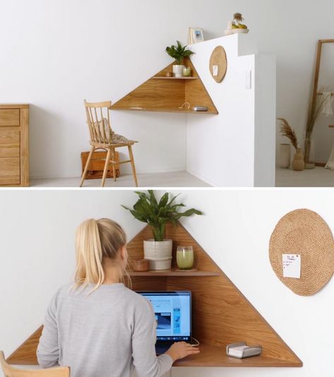 Angled Corner Wall, Wall Mounted Corner Desk, Corner Wall Decor Bedroom, Corner Desk Shelf, Floating Corner Desk, Small Corner Desk, Modern Corner Desk, Diy Corner Shelf, Apartment Desk