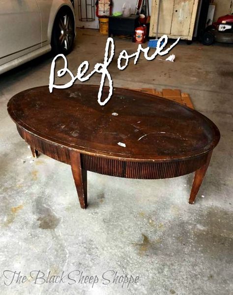 This dark and dingy thrift store coffee table is just begging for a makeover. Coffee Table Before And After Diy, Coffee Table Chalk Paint Makeover, Diy Coffee Table Refurbish, Thrift Store Coffee Table Makeover, Redoing Coffee Tables, Chalk Painted Coffee Tables, Refinish Coffee Table Diy, Refinishing Coffee Table Ideas, Oval Coffee Table Diy