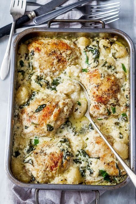 This crowd-pleasing One-Pan chicken and gnocchi with garlic asiago cream sauce is perfect for an easy weeknight comfort meal. The Italian seasoned chicken is scrumptious here, but this is all about… Baked Chicken Gnocchi, Asiago Cream Sauce, Chicken And Gnocchi, Chicken Gnocchi, Seasoned Chicken, Chicken And Spinach, Mediterranean Food, Gnocchi Recipes, Chicken Dinners