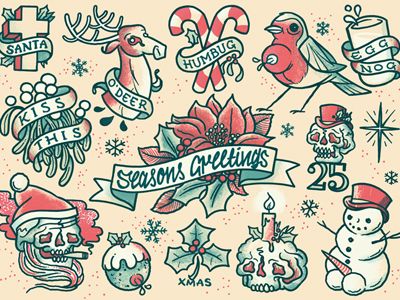 Christmas Tattoo Flash Sheet, Christmas Friday The 13th Tattoos, American Traditional Christmas, Christmas Flash Tattoo, Christmas Tattoo Flash, Winter Tattoos, Christmas Tattoo Ideas, Christmas Tattoos, Christmas Flash