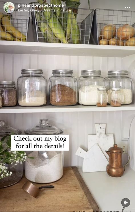 Cottage Kitchen Organization, Organizing Open Kitchen Shelves, Tiny Butlers Pantry Ideas, Cottage Style Pantry, Open Pantry In Kitchen, Cottage Pantry, Country Pantry, Cottage Lifestyle, Pine And Prospect Home