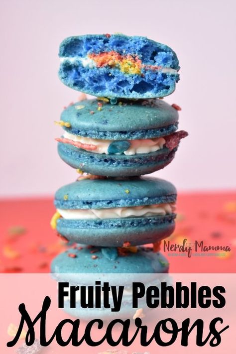 YES, I'm a child. Yes, I took a very grown-up, fantastic cooke and put kid's cereal on it. But these Fruity Pebbles Macarons are SO GOOD...you must try. #nerdymammablog #macaroncookies Macaron Ideas, French Macaroon Recipes, Macaron Template, Kids Cereal, Macaron Filling, Trifle Pudding, Sandwich Cookie, Macaron Flavors, Coop Ideas