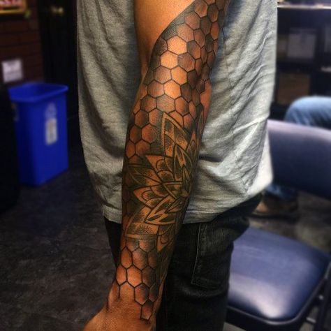 Mens Full Sleeves Honeycomb And Layered Petals Tattoo Honey Comb Tattoo Men, Black And White Honeycomb Tattoo, Honeycomb Tattoo Men, Honey Comb Tattoo Sleeve Filler, Bee Hive Tattoo Design, Honeycomb Bee Tattoo, Honeycomb Tattoo Sleeve, Petals Tattoo, Hexagon Tattoo