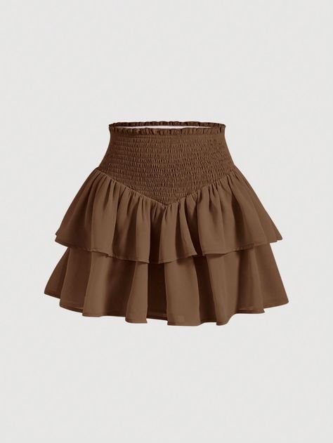 Women's Double Layer Ruffle Asymmetric Hem Shirred Waist Mini Skirt Brown Casual   Woven Fabric Plain Layered/Tiered Non-Stretch Summer Women Clothing, size features are:Bust: ,Length: ,Sleeve Length: Short Flowy Skirt Outfit, Short Flowy Skirt, Flowy Skirt Outfit, Flowy Mini Skirt, Brown Mini Skirt, Skirt Draping, Hair Accessories Boho, Retro Hairstyles, Cosplay Dress