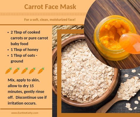 This carrot face mask recipe is very easy to make with only 3 ingredients.  It will only take a few minutes to whip up and about 15 minutes to set on your skin.  Afterwards, it will leave your skin feeling smooth, clean, and moisturized.    Some re... Carrot Face Mask, Carrot Mask, Baby Carrot Recipes, Homemade Hair Treatments, Homemade Facial, Face Skincare, Soft Face, Homemade Hair, Cooked Carrots