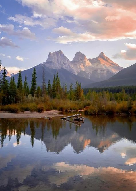 Canadian Landscapes | Three Sisters Viewpoint Canmore Alberta | Facebook Three Sisters Canmore, Canmore Alberta Aesthetic, Alberta Aesthetic, Canada Countryside, Alberta Landscape, Cochrane Alberta, Gouache Landscape, Red Deer Alberta, Canmore Alberta