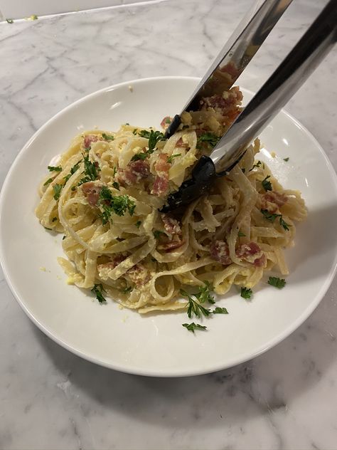 Fettuccine Carbonara – Just Amazing Fettuccine Carbonara, Fettuccini Noodles, Egg Whisk, Large Pots, Garlic Salt, Just Amazing, Garlic Cloves, Noodles, Bacon