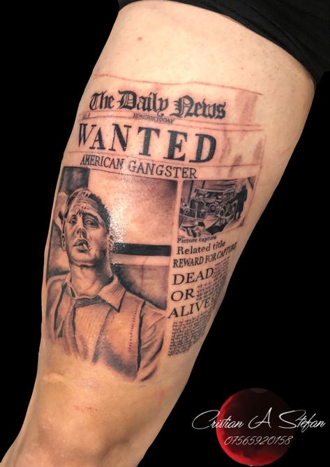 Newspaper Tattoo Design, Newspaper Tattoo Ideas, Wanted Poster Tattoo, News Paper Tattoo, Old Money Tattoo, Newspaper Tattoo, Wanted Tattoo, Mafia Tattoo, Poster Tattoo