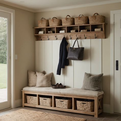 ⚠️LINK IN BIO⚠️ A functional rustic farmhouse mudroom with built-in storage, a cushioned bench, and hooks for coats and bags, perfect for organization. #Mudroom #RusticFarmhouse #Functional #BuiltInStorage #Bench Rustic Mudroom Storage, Coat Bench Rack Entry Ways, Hallway Bench And Coat Rack, Mud Room Bench With Storage Farmhouse, Hallway Hooks And Storage, Coat Rack Wall With Bench, Coat And Hat Rack Ideas, Entrance Hall Ideas Rustic, Mudroom Bench And Hooks