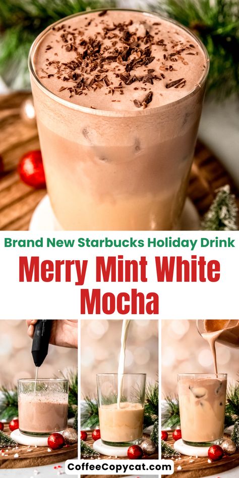 Enjoy this Starbucks surprise holiday drink, The Merry Mint White Mocha at home! This decadent Starbucks drink is a rich, creamy iced white chocolate mocha, topped with a swirl of peppermint chocolate cream cold foam. My homemade version is the perfect copycat recipe of this Starbucks holiday favorite - it's creamy, minty, and utterly delicious. Perfect for those chilly days. Click for the full recipe. #starbucksholidaydrink #winterstarbucksdrink Starbucks White Mocha Recipe, Peppermint Mocha Iced Coffee Recipe, Chocolate Cream Cold Foam, White Mocha Recipe, Starbucks Peppermint Mocha Recipe, Copycat Starbucks Peppermint Mocha, Iced Peppermint Mocha, Homemade Peppermint Mocha, Iced White Chocolate Mocha