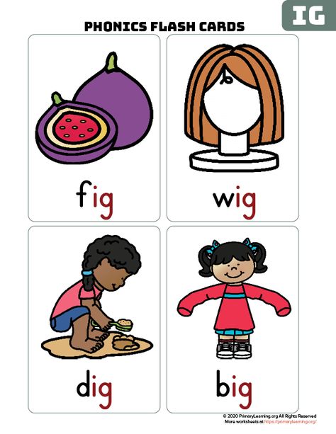 IG #wordfamily #flashcards help students learn to read. Words: big, dig, fig, pig, rig, wig. #phonics #primarylearning #kindergarten https://primarylearning.org/worksheet/ig-word-family-flash-cards/?utm_source=pinterest&utm_medium=social&utm_campaign=fundamental_skills&utm_term=phonics&utm_content=flashcards Ig Word Family, Vowels Kindergarten, Word Family Reading, Kindergarten Word Families, People Clipart, Phonics Worksheets Free, Cvc Words Kindergarten, Reading Comprehension Kindergarten, Word Family Worksheets