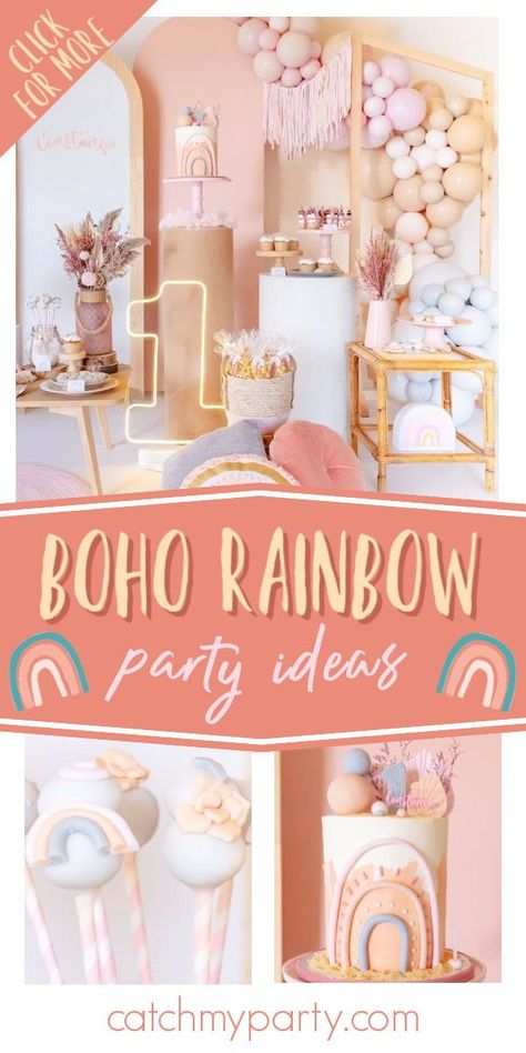 Take a look at this whimsical boho rainbow 1st birthday party! The birthday cake is gorgeous! See more party ideas and share yours at CatchMyParty.com Boho Rainbow 1st Birthday Outfit, Rustic Rainbow Birthday Party, Boho Themed 1st Birthday Party, Boho Rainbow Party Ideas, Bohemian Rainbow Birthday Party, Boho Second Birthday Party, Onederful Boho Rainbow Birthday, Boho Rainbow Themed 1st Birthday Party, One Year Old Rainbow Birthday Party