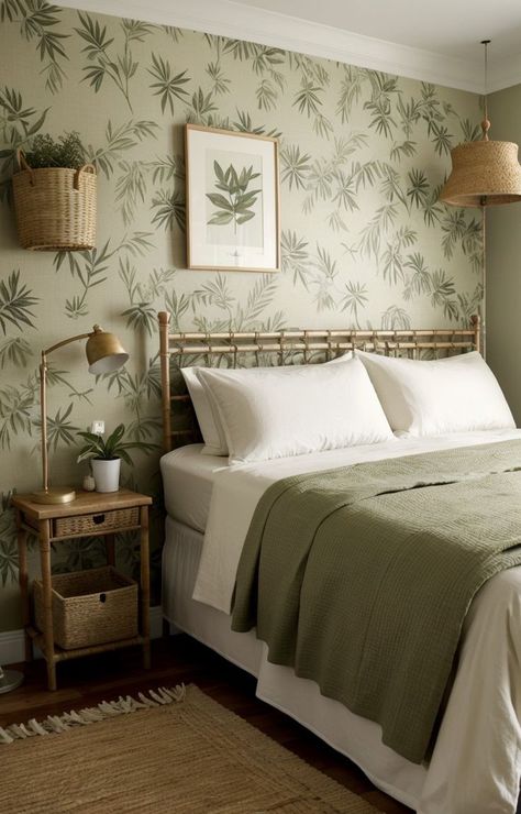 Bring the beauty of nature into your bedroom with a green earthy aesthetic. Incorporate a leafy wallpaper as a statement wall, add a bamboo ladder for hanging blankets, and complete the look with potted plants and wooden furniture for a calming and soothing atmosphere. Create a serene and tranquil atmosphere in your bedroom with a green earthy aesthetic. Green Earthy Aesthetic, Hanging Blankets, Green Room Ideas Bedroom, Bamboo Ladder, Calm Bedroom, Nature Inspired Bedroom, Green Bedroom Decor, Earthy Bedroom, Earthy Aesthetic