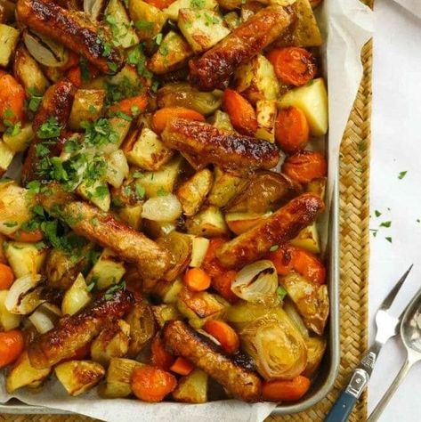 Simple Sticky Sausage Tray Bake Tray Meals, Sausage Tray Bake, Sticky Sausages, Easy One Pot Pasta, Sausage Orzo, Quick Easy Family Meals, Taming Twins, Bake Easy, Veggie Sausage