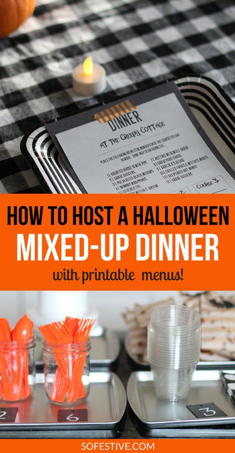 How to Host A Halloween Mixed-Up Dinner  with printable menus- Halloween party ideas- Family party ideas- Halloween mystery dinner Halloween Mystery Dinner, Halloween Dinner Party Menu, Teen Halloween Party, Halloween Dinner Party, Spooky Dinner, Halloween Party Food, Mystery Dinner Party, Dinner Party Games, Teen Halloween