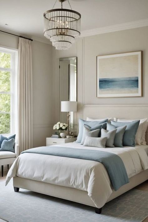 Serenity in Sleep: Luxe Blue and Cream Bedroom Ideas - West Magnolia Charm Blue Grey Room Bedrooms, Small Blue Bedroom Ideas, Blue Grey Bedroom Ideas, Grey And Blue Bedroom Ideas, Blue Cream Bedroom, Spare Bedroom Ideas Guest Rooms, Blue And Cream Bedroom Ideas, Office And Dressing Room, Lighthouse Bedroom