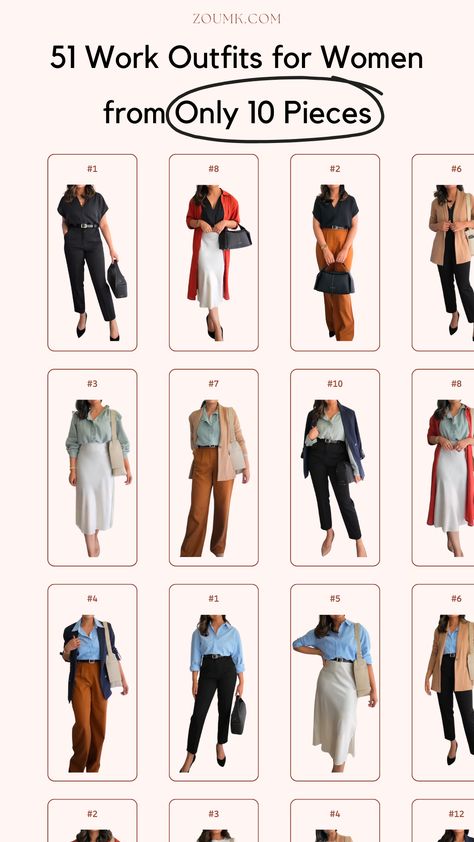 51 Work Outfits for Women from ONLY 10 pieces 10 Piece Capsule Wardrobe, Corporate Wardrobe, Workwear Chic, What To Wear To Work, Corporate Job, Capsule Wardrobe Work, First Day Of Work, Capsule Wardrobe Outfits, Office Outfits Women