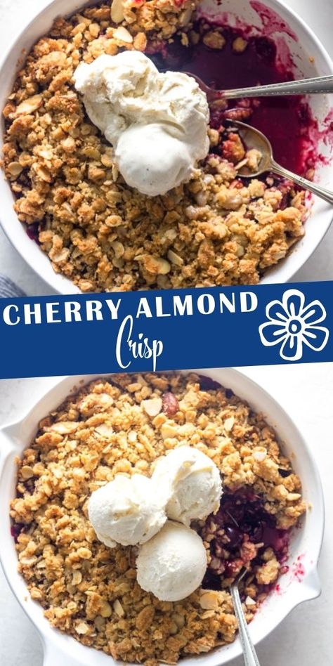 Cherry Almond Cobbler, Vegan Cherry Crisp, Fresh Cherry Crisp Recipe, Cherry Almond Desserts, Cherry Almond Crisp, Fresh Cherry Crisp, Crumbles Recipes, Berry Desert, Cherry Crisp Recipe