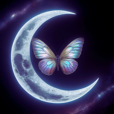 Illuminate your space with "Moonlit Elegance: Iridescent Butterfly Amidst Crescent Dreams," a mesmerizing digital download capturing the serene beauty of a butterfly poised at the center of a crescent moon. Moon And Butterfly Wallpaper, Pro Pic, Iridescent Butterfly, Moon Butterfly, Butterfly Aesthetic, Butterfly Photos, Butterfly Wallpaper, Moon Art, Butterfly Art