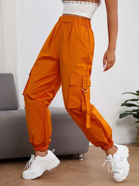 SHEIN PETITE Elastic Waist Flap Pocket Buckle Cargo Pants | SHEIN USA Cargo Pants With Elastic Waist, 6 Pocket Pants Outfit For Women, Orange Cargo Pants Outfit, Cargo Pants Outfit Girl, Cargo Pant Outfits, Jogger Pants Outfit Women, 6 Pocket Cargo Pants, Peplum Top Outfits, Pant Outfits For Women