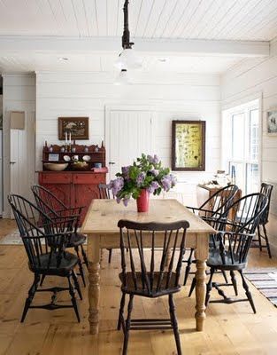 P.E.I. Beach Home of Canadian Pamela Kline as featured in Country Living Carla Aston, Vintage Dining Room, Pine Table, Black Chair, Character Home, Farmhouse Dining Room, Wood Ceilings, Farmhouse Dining, Farmhouse Table