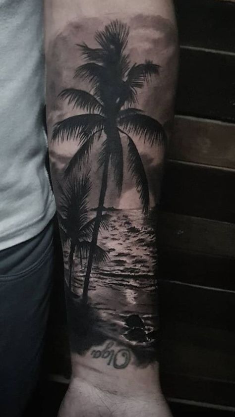 Coconut Tree Tattoo, John Tattoo, Forearm Tats, Cover Up Tattoos For Men, Beachy Tattoos, Tree Tattoo Men, Island Tattoo, Crab Tattoo, Tattoo Nature