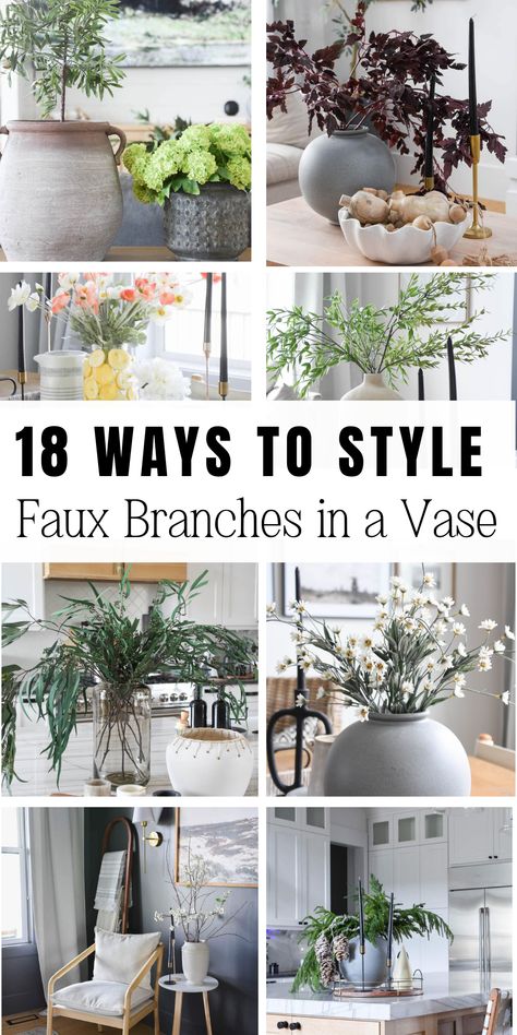 branches in a vase Minimalist Centerpieces Home, Entryway Flower Arrangements, Tall Arrangements, Eucalyptus Vase Decor, Large Vase With Artificial Flowers, Dried Arrangements, Minimalist Floral Arrangements, Faux Hydrangea Arrangement Diy, Tall Floral Arrangements For Home