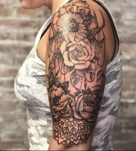 Western Tattoos For Women Sleeve, Half Sleeve Tattoo Upper Arm, Upper Half Sleeve Tattoos, Mandala Sunflower, Antler Tattoos, Antler Tattoo, Mandela Tattoo, Shoulder Sleeve Tattoos, Quarter Sleeve Tattoos