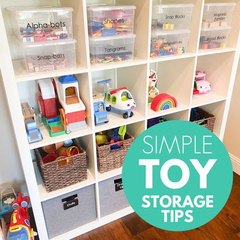 Cube Storage Toddler Room, Tiny Toy Storage, Kallax Hack Toy Storage, Toy Shelves For Kids Room, Simple Toy Storage, Kallax Toy Storage Ideas, Playroom Cube Storage, Cube Storage Playroom, Playroom Cube Storage Ideas